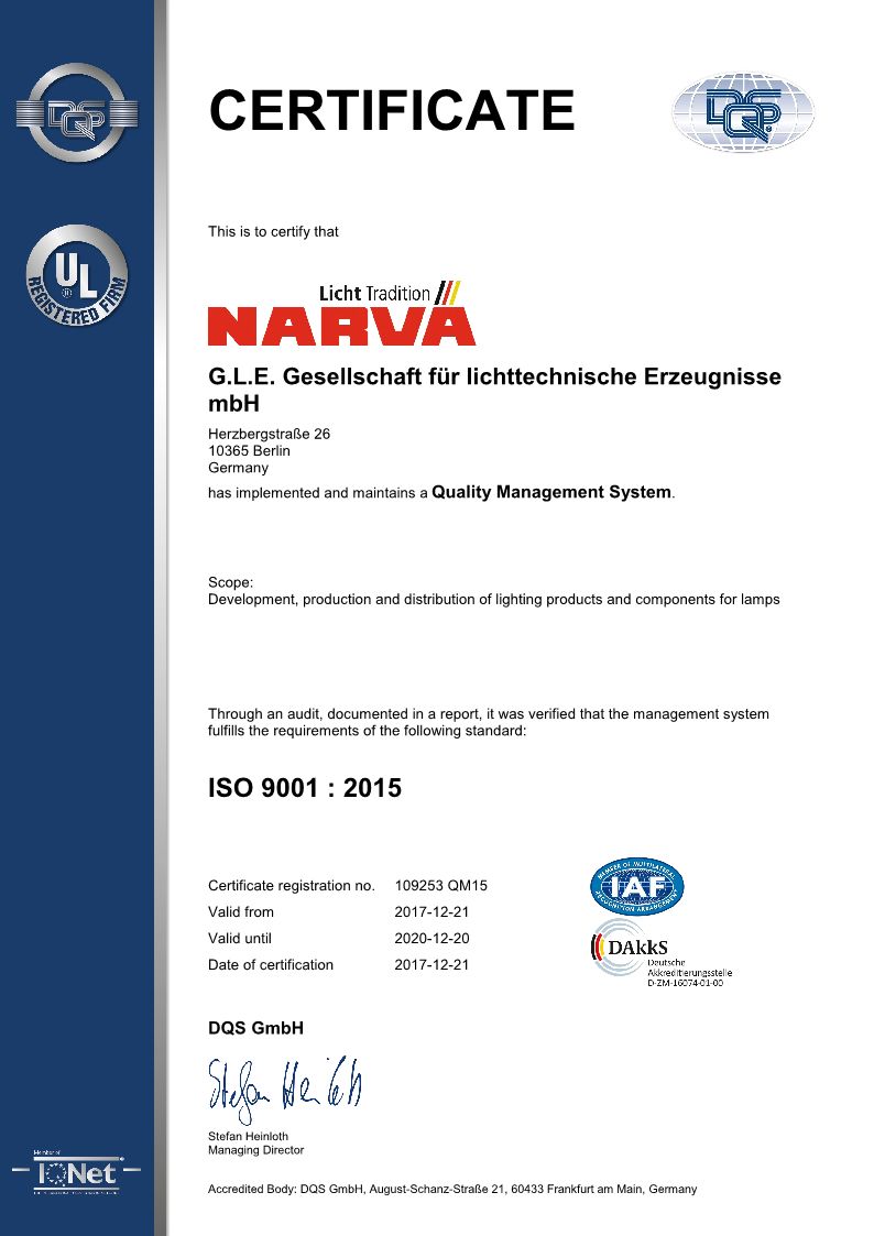 Narva G.L.E. - ISO-Logo and ISO certificate
